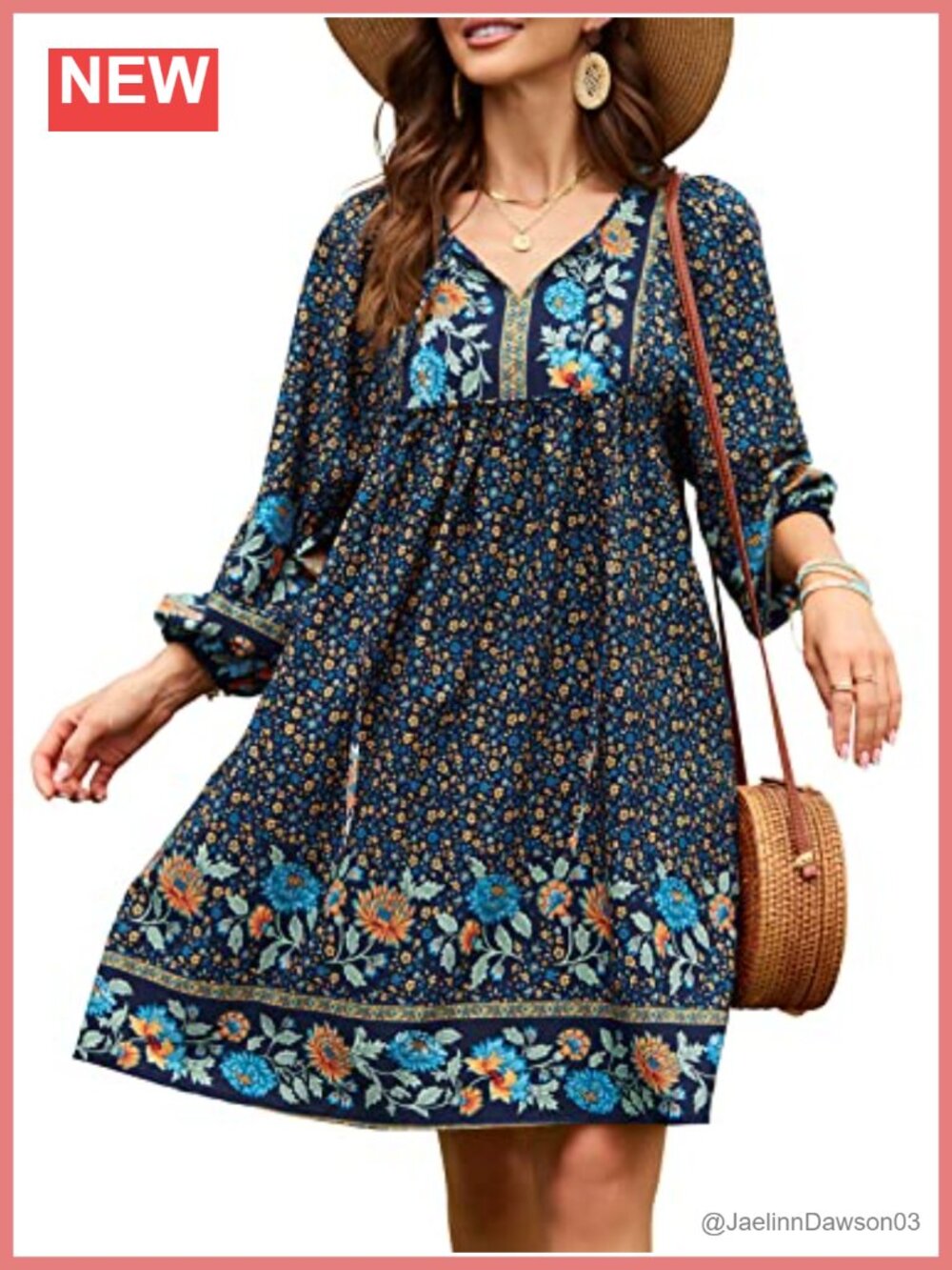 Qearal Rayon 3/4 Sleeve Boho Floral Babydoll Summer Dress